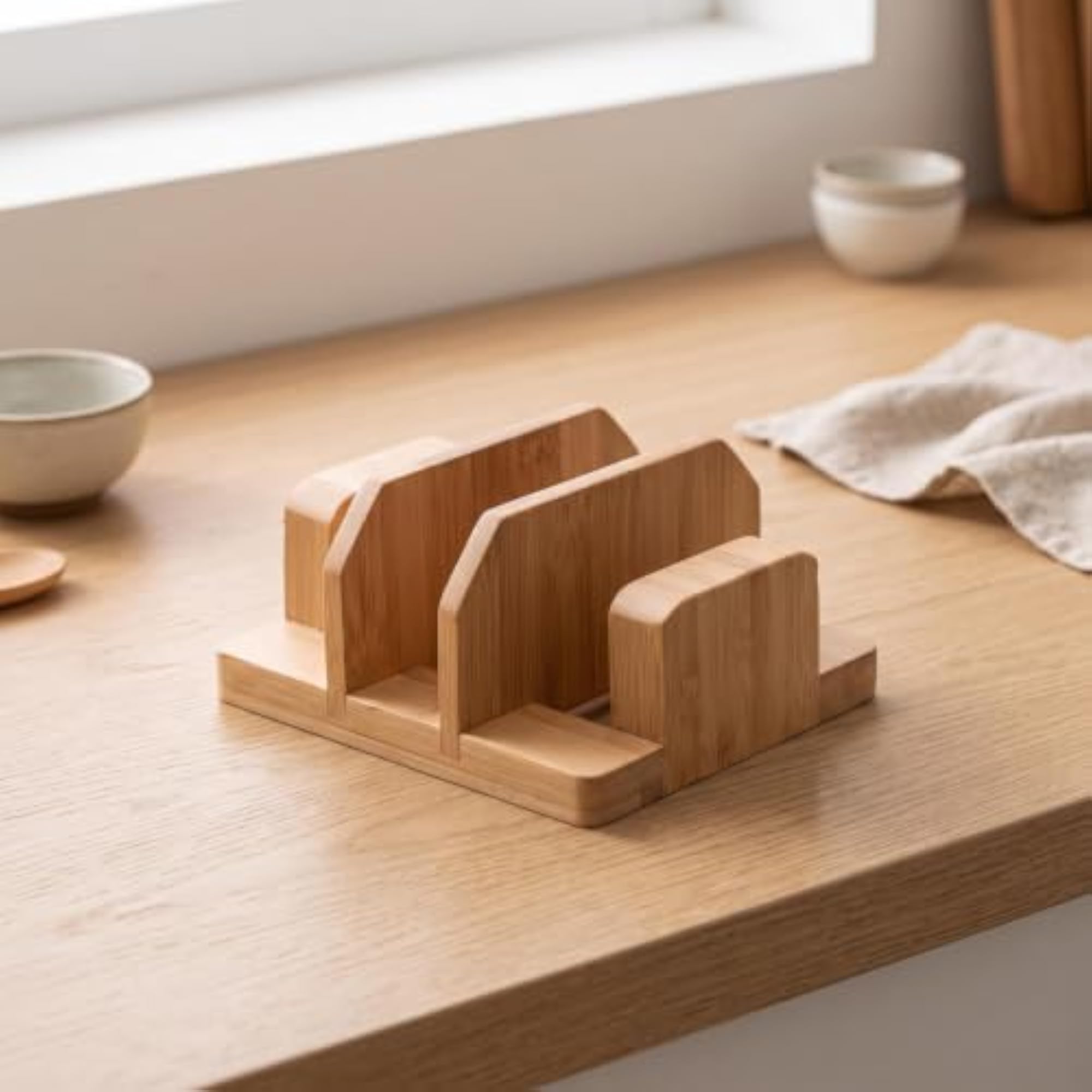 Space-Saving Bamboo Kitchen Board Rack, Multiple Divider Slots